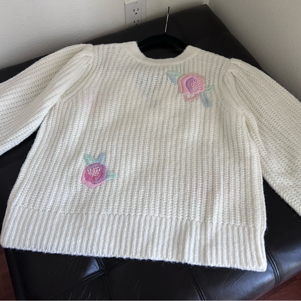 NWT LoveShackFancy Ridge V Neck Floral Embroidery Sweater Pullover M - Picture 9 of 17
